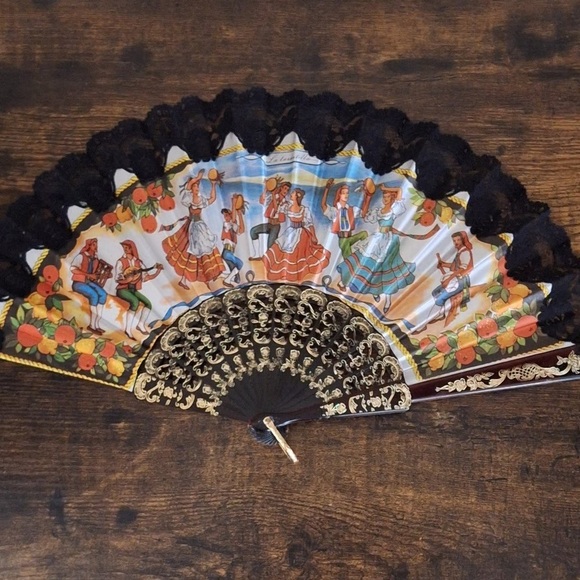 1980s/90s "La Tarantella" The Dance Fabric Lace Fan - Picture 1 of 10
